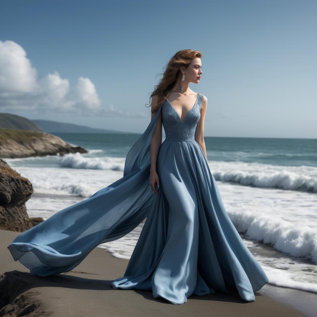 A stunning image of elegant lady in a long blue gown by the ocean.