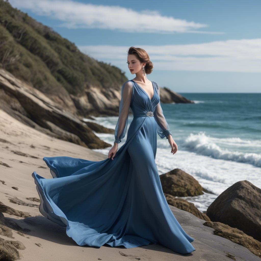 A stunning image of elegant lady in a long blue gown by the ocean.