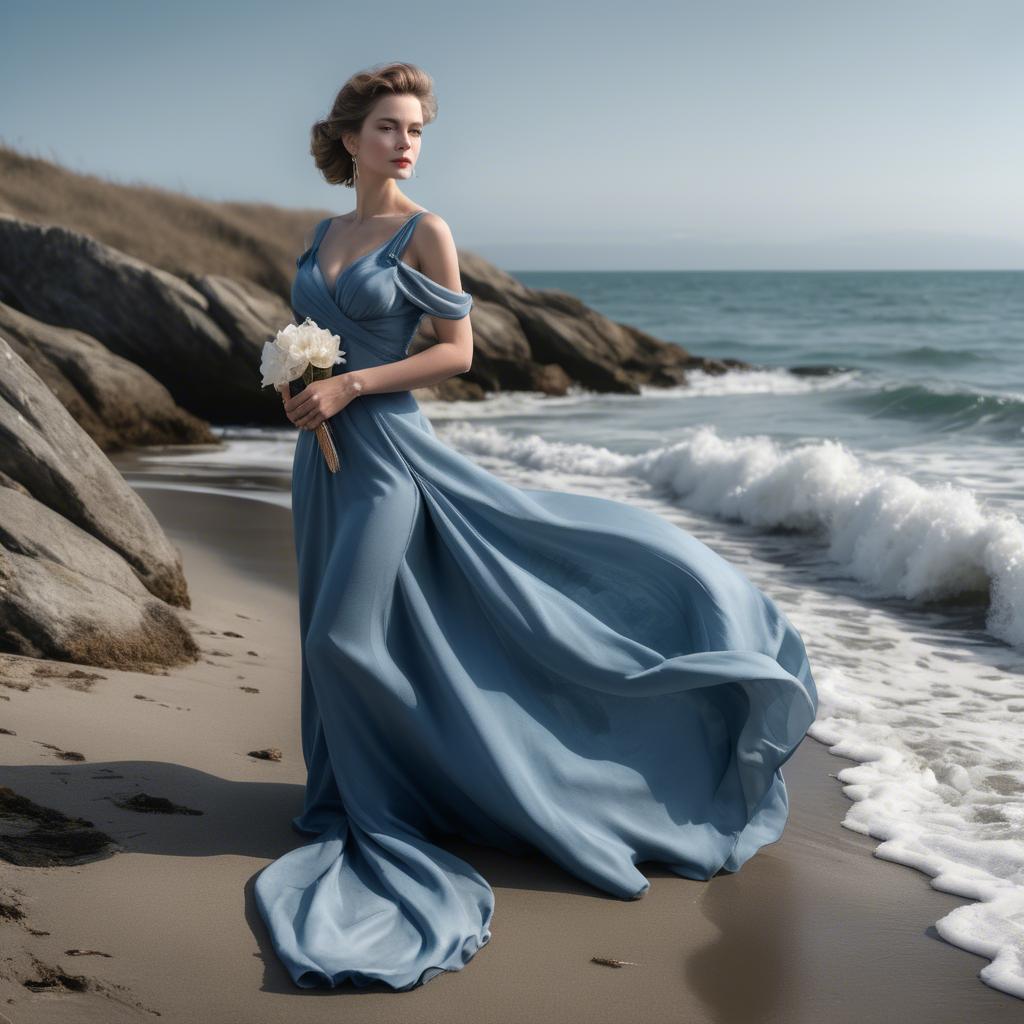 A stunning image of elegant lady in a long blue gown by the ocean.