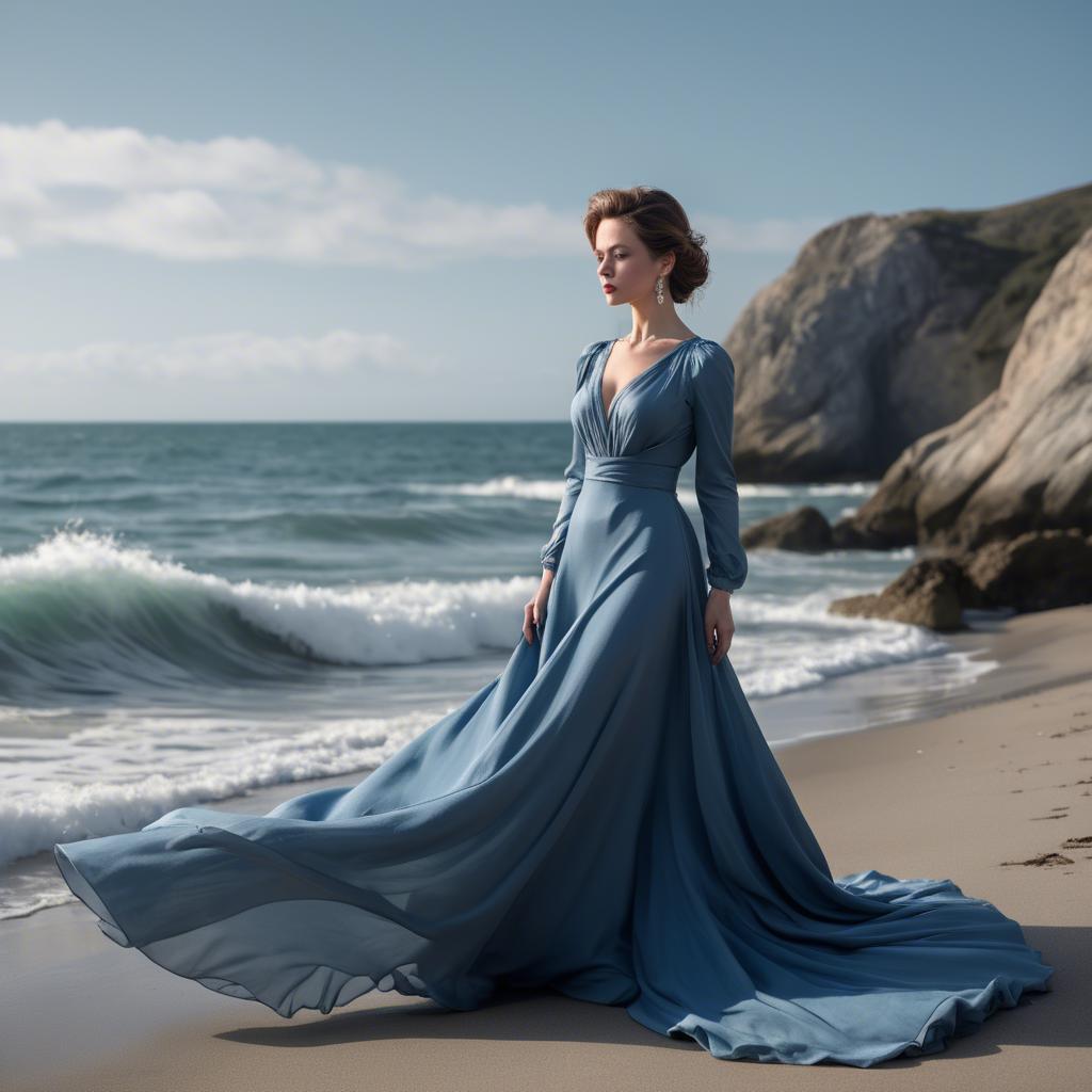 A stunning image of elegant lady in a long blue gown by the ocean.