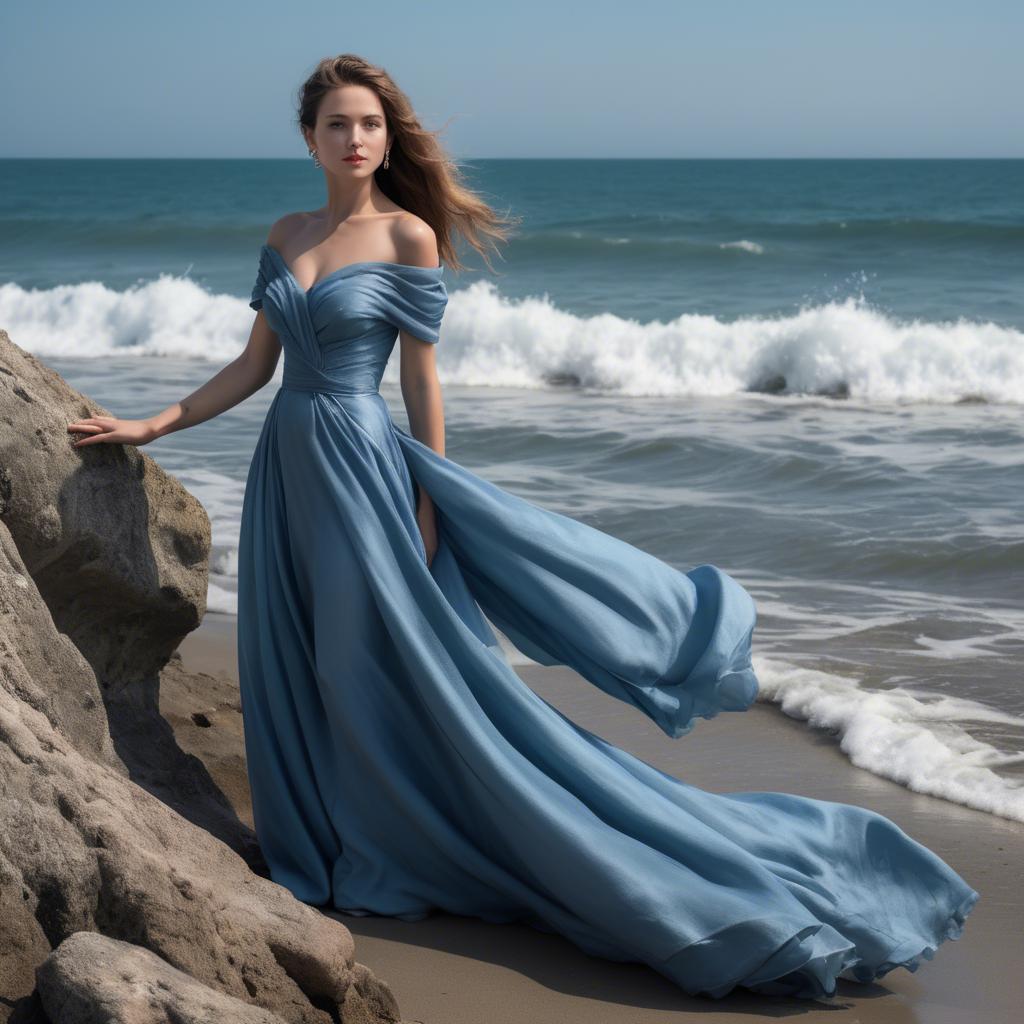 A stunning image of elegant lady in a long blue gown by the ocean.