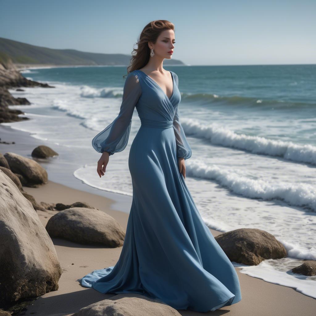 A stunning image of elegant lady in a long blue gown by the ocean.