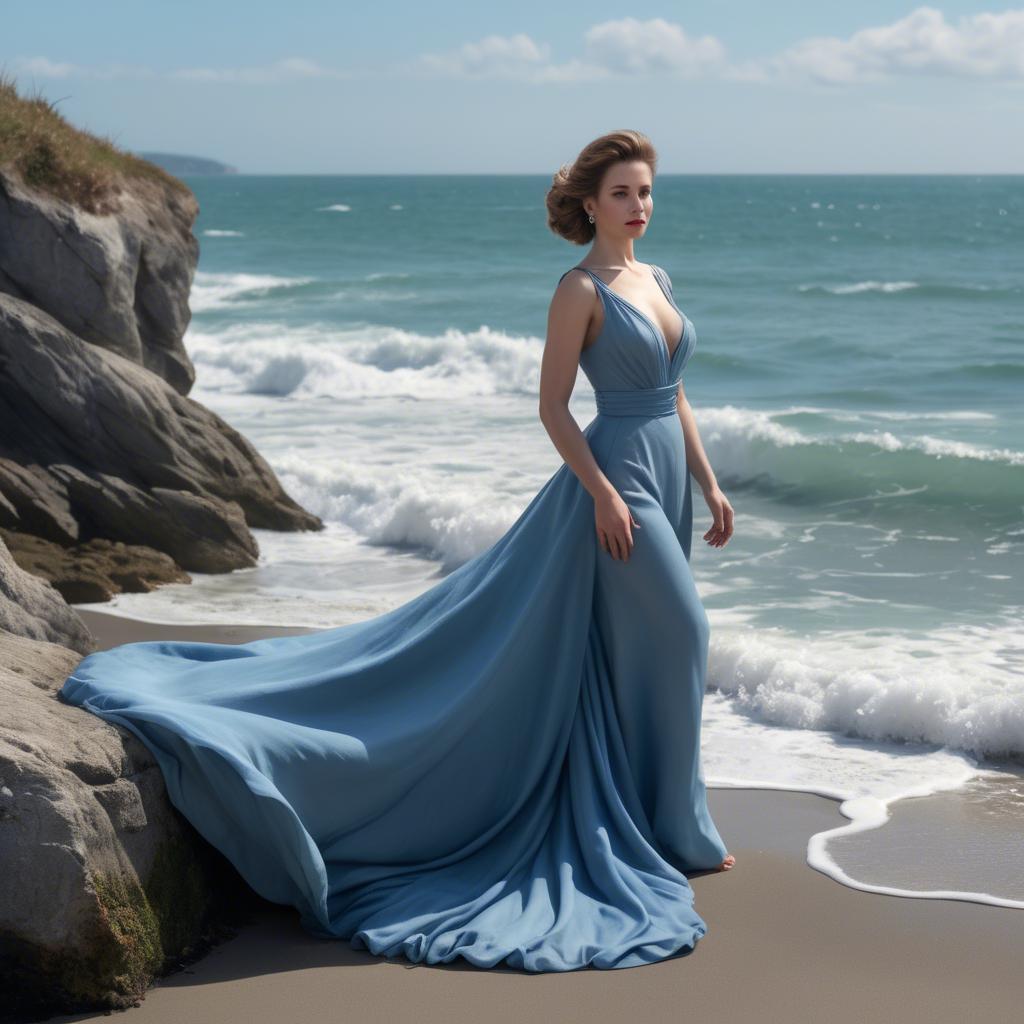 A stunning image of elegant lady in a long blue gown by the ocean.