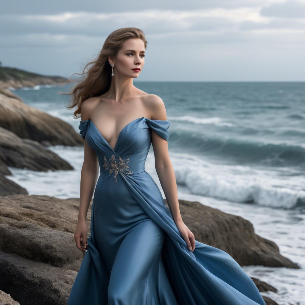 A stunning image of elegant lady in a long blue gown by the ocean.