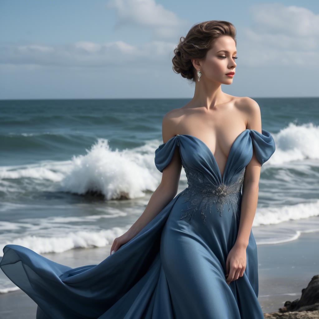 A stunning image of elegant lady in a long blue gown by the ocean.