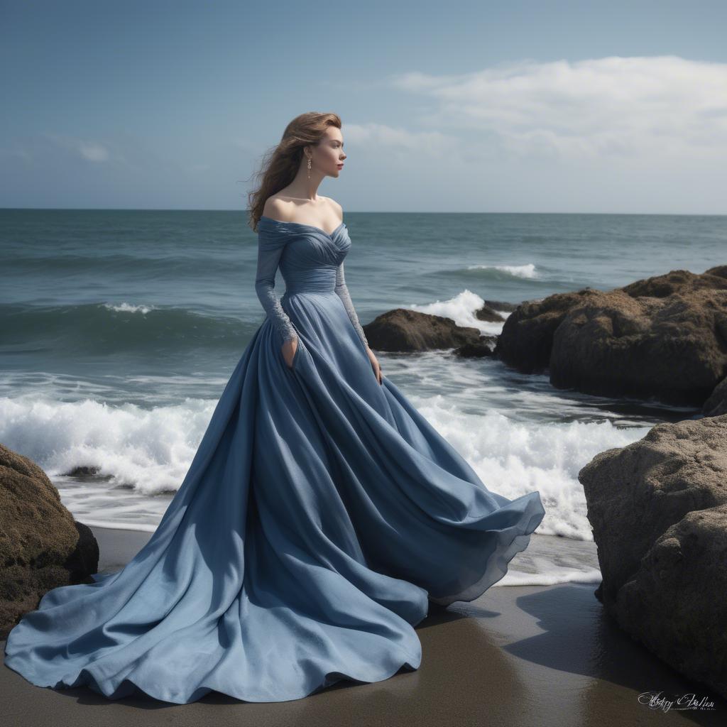 A stunning image of elegant lady in a long blue gown by the ocean.