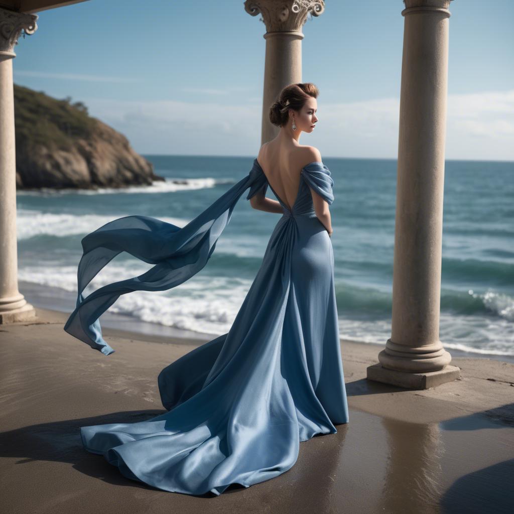 A stunning image of elegant lady in a long blue gown by the ocean.