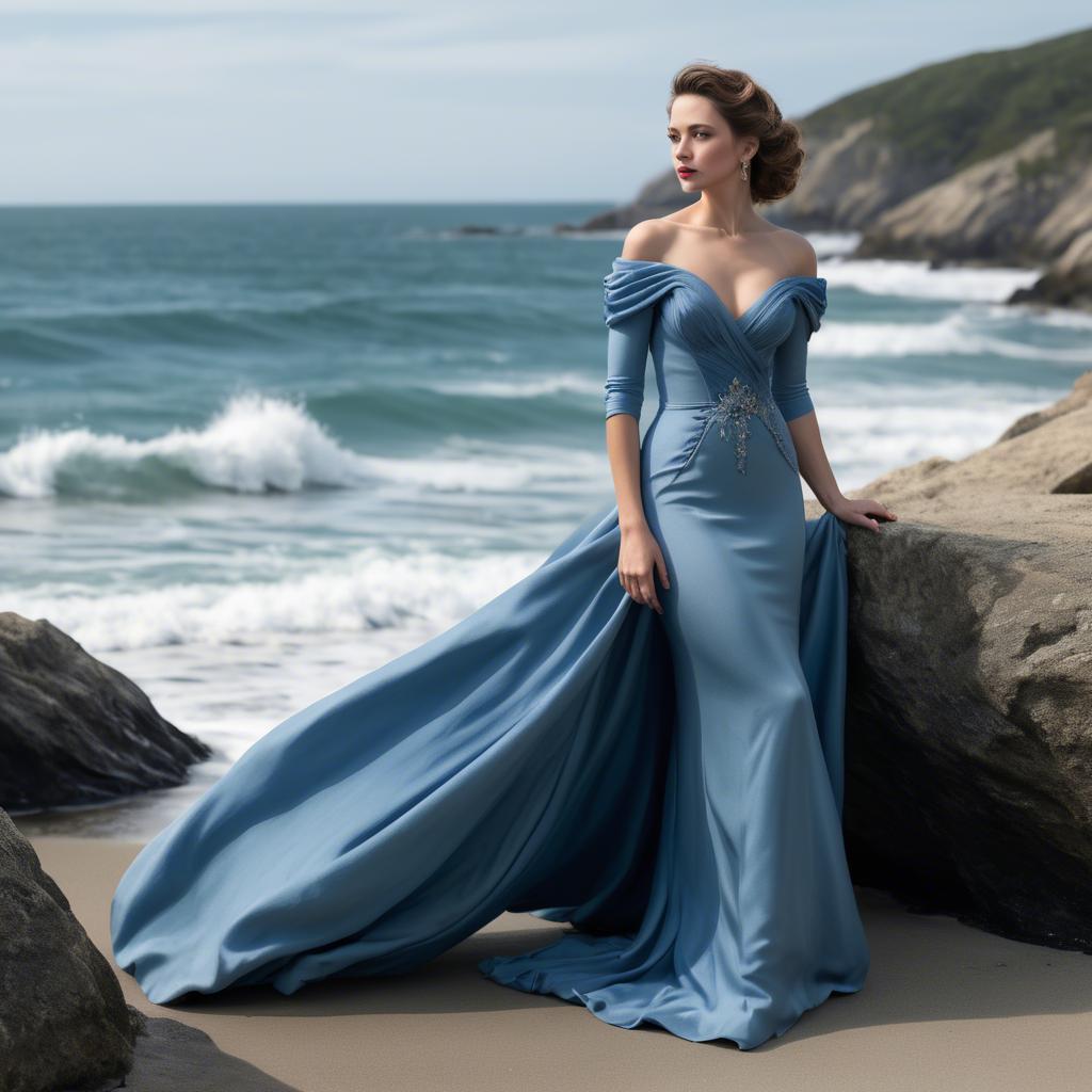 A stunning image of elegant lady in a long blue gown by the ocean.