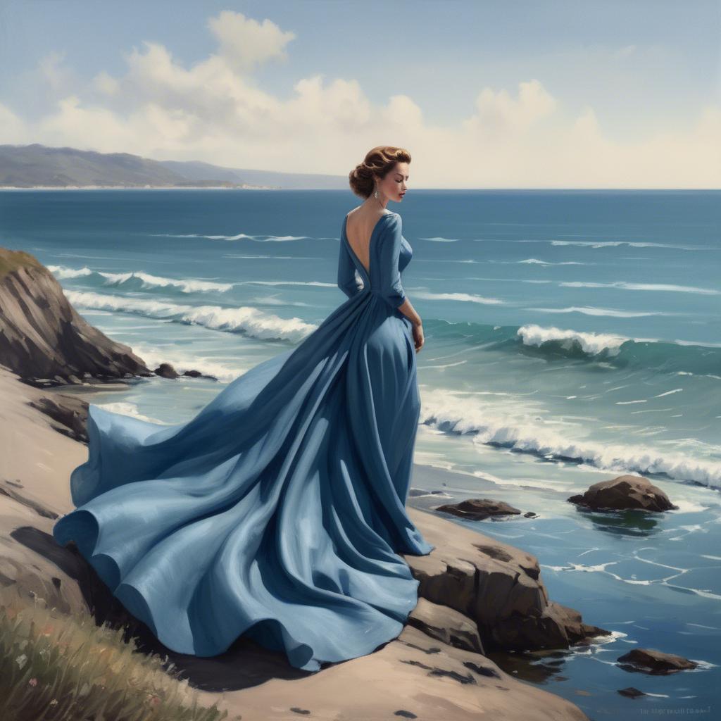 A stunning image of elegant lady in a long blue gown by the ocean.