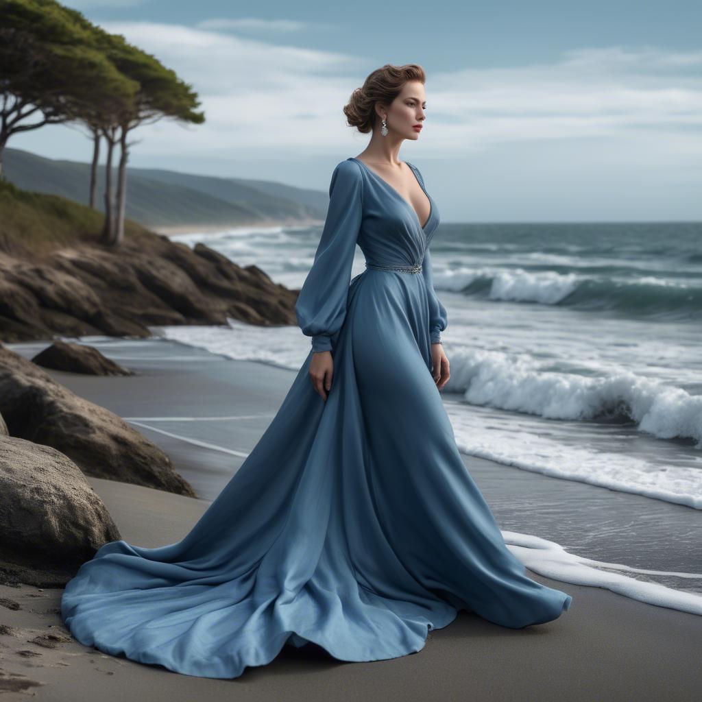 A stunning image of elegant lady in a long blue gown by the ocean.