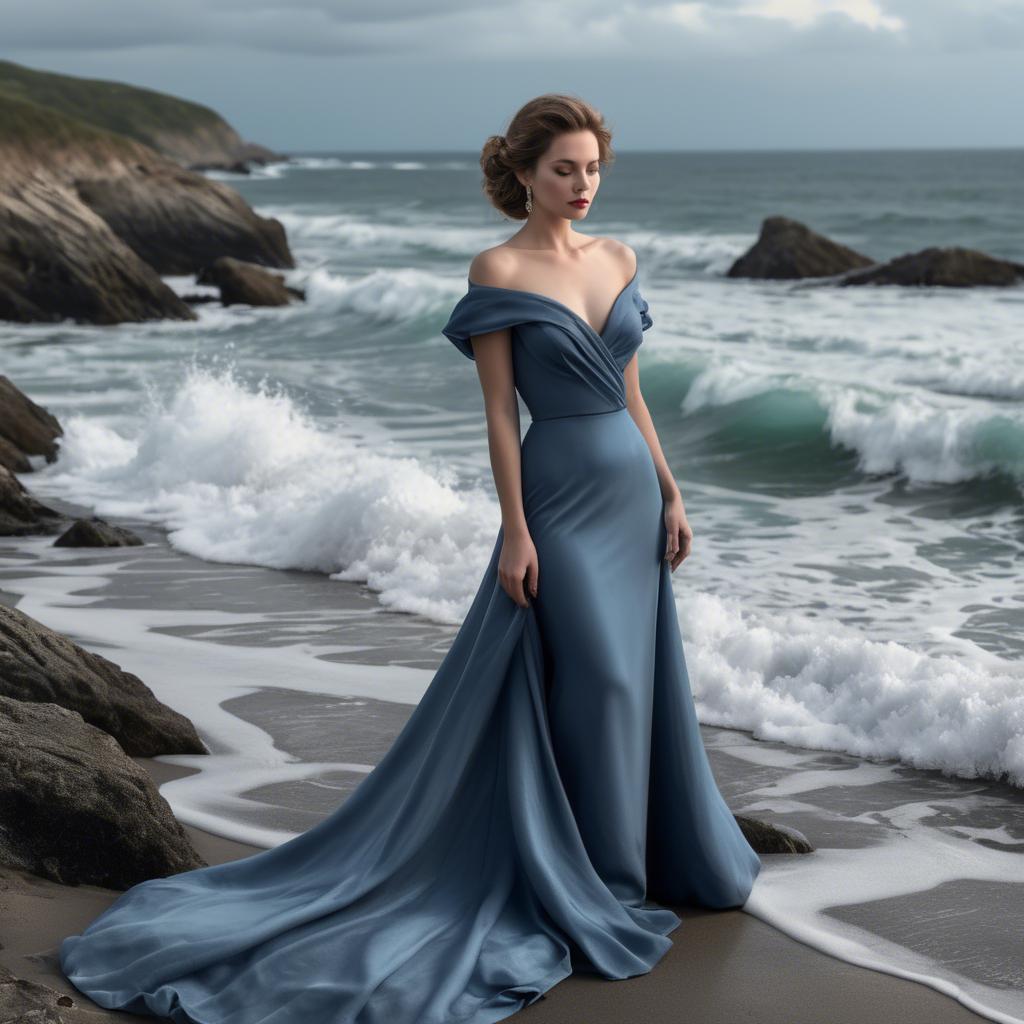 A stunning image of elegant lady in a long blue gown by the ocean.
