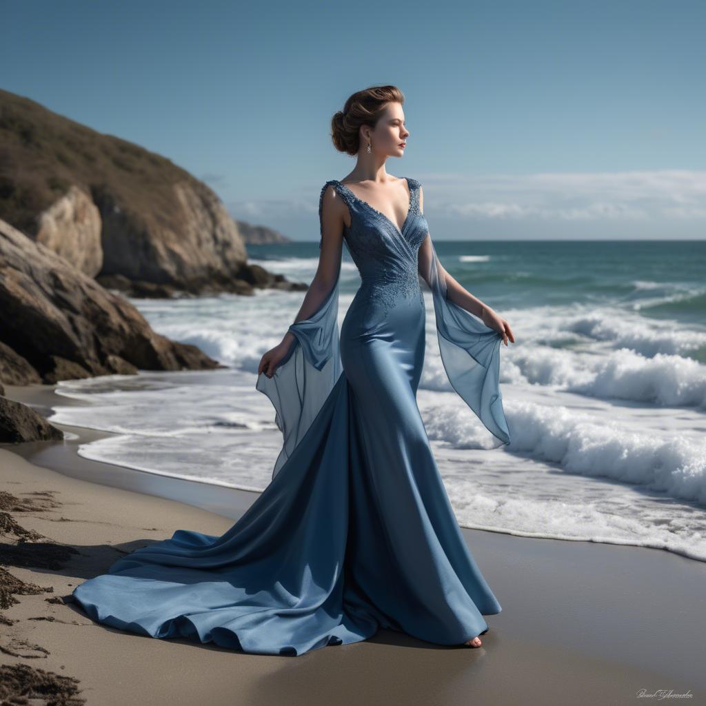 A stunning image of elegant lady in a long blue gown by the ocean.