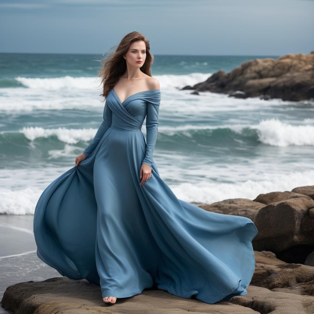 A stunning image of elegant lady in a long blue gown by the ocean.