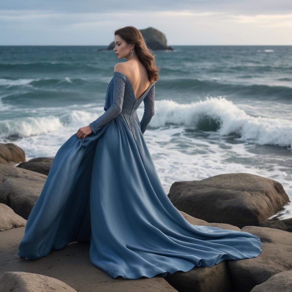 A stunning image of elegant lady in a long blue gown by the ocean.