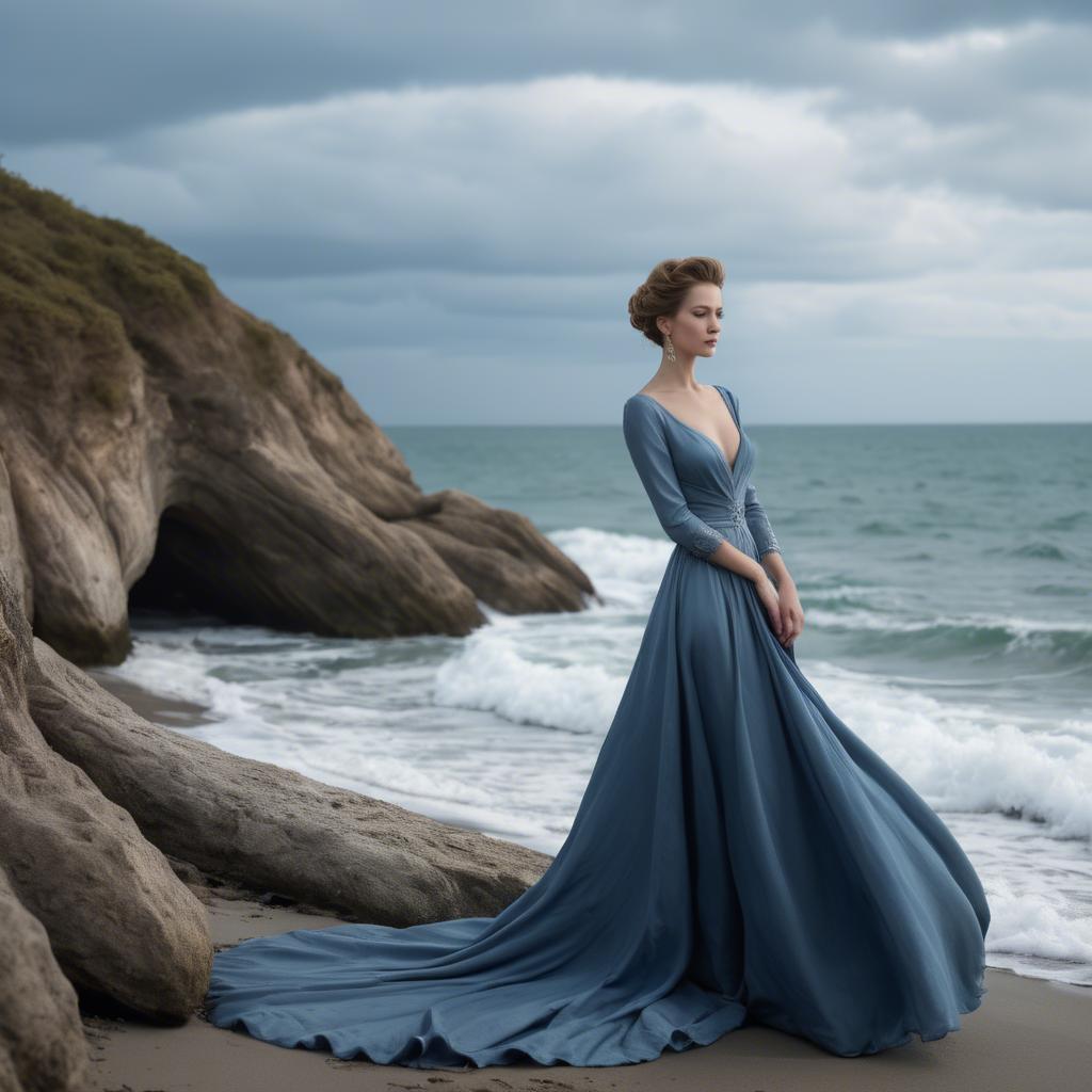 A stunning image of elegant lady in a long blue gown by the ocean.