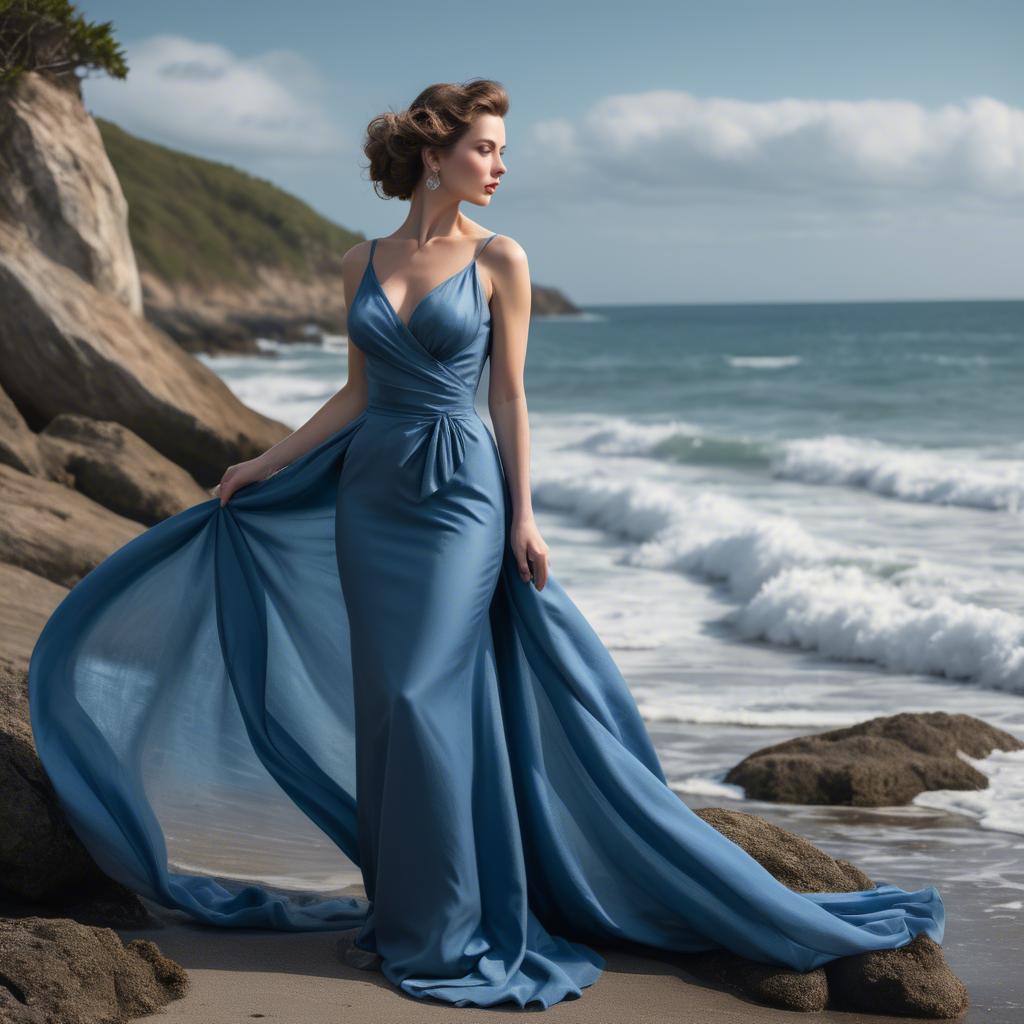 A stunning image of elegant lady in a long blue gown by the ocean.