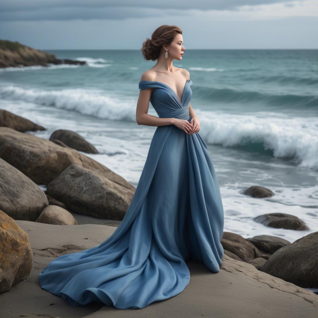 A stunning image of elegant lady in a long blue gown by the ocean.