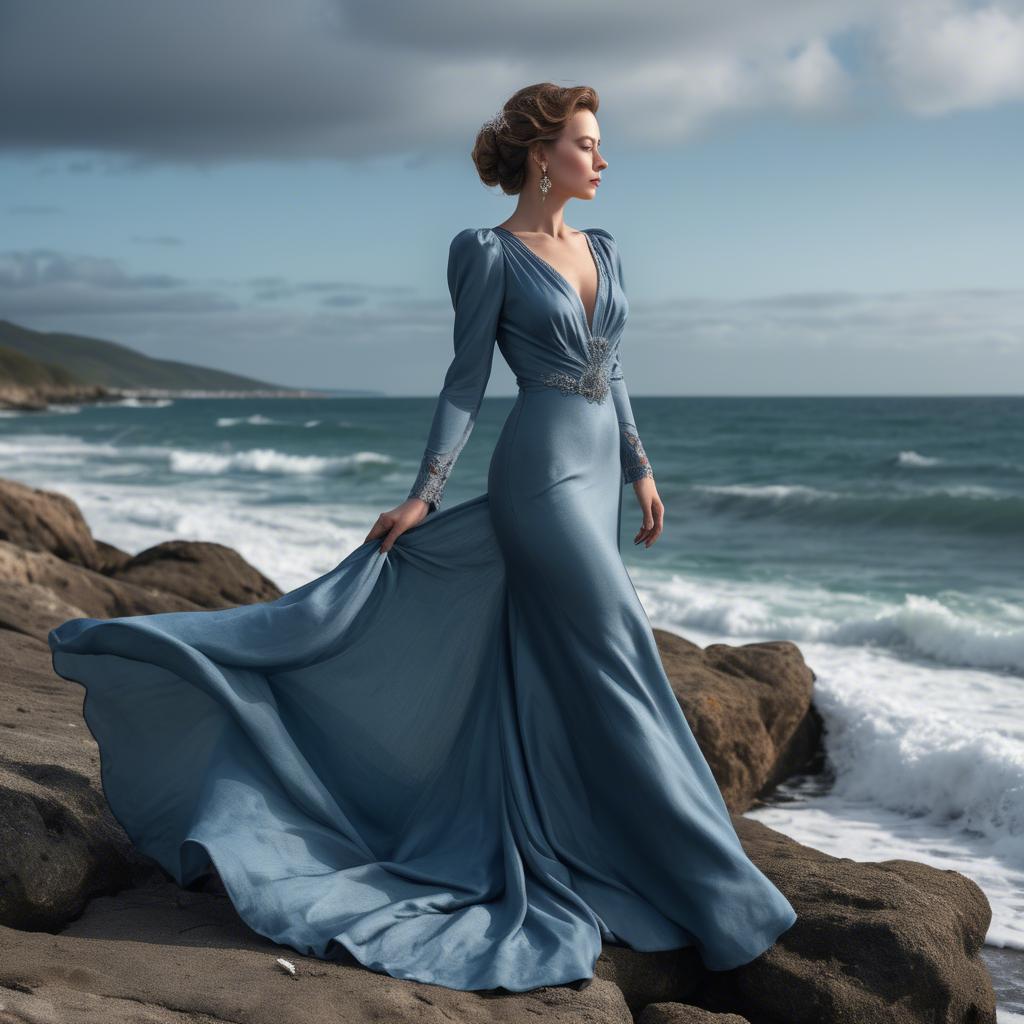 A stunning image of elegant lady in a long blue gown by the ocean.