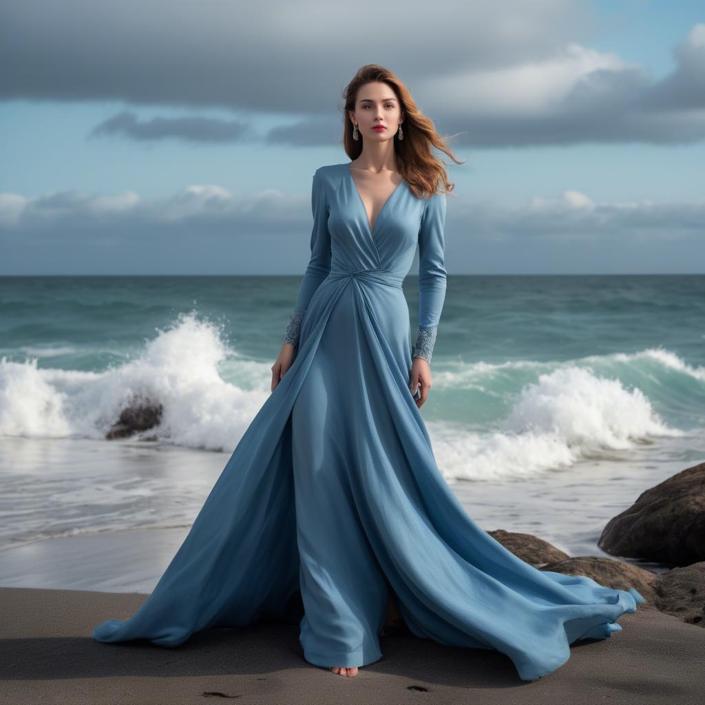 A stunning image of elegant lady in a long blue gown by the ocean.