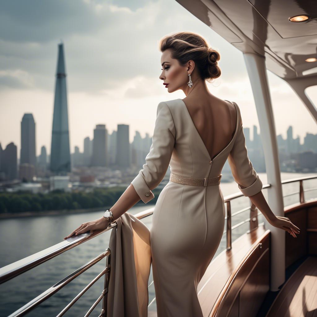 A stunning image of elegant lady on a yacht overlooking a city skyline.