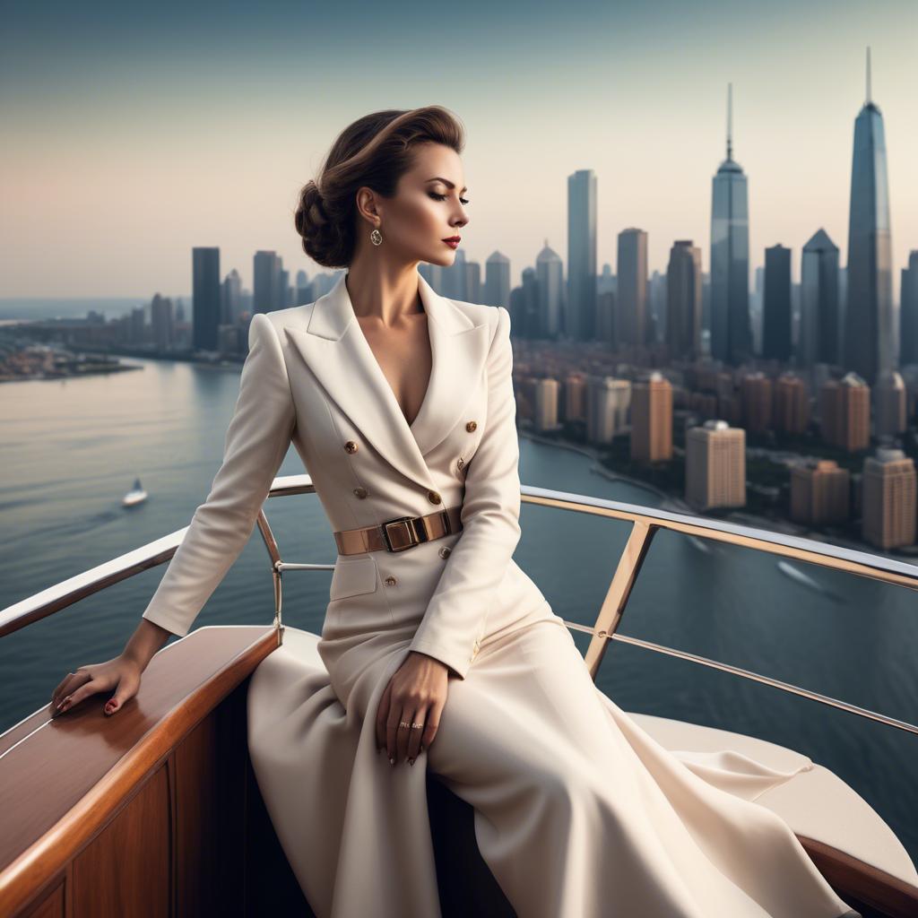 A stunning image of elegant lady on a yacht overlooking a city skyline.