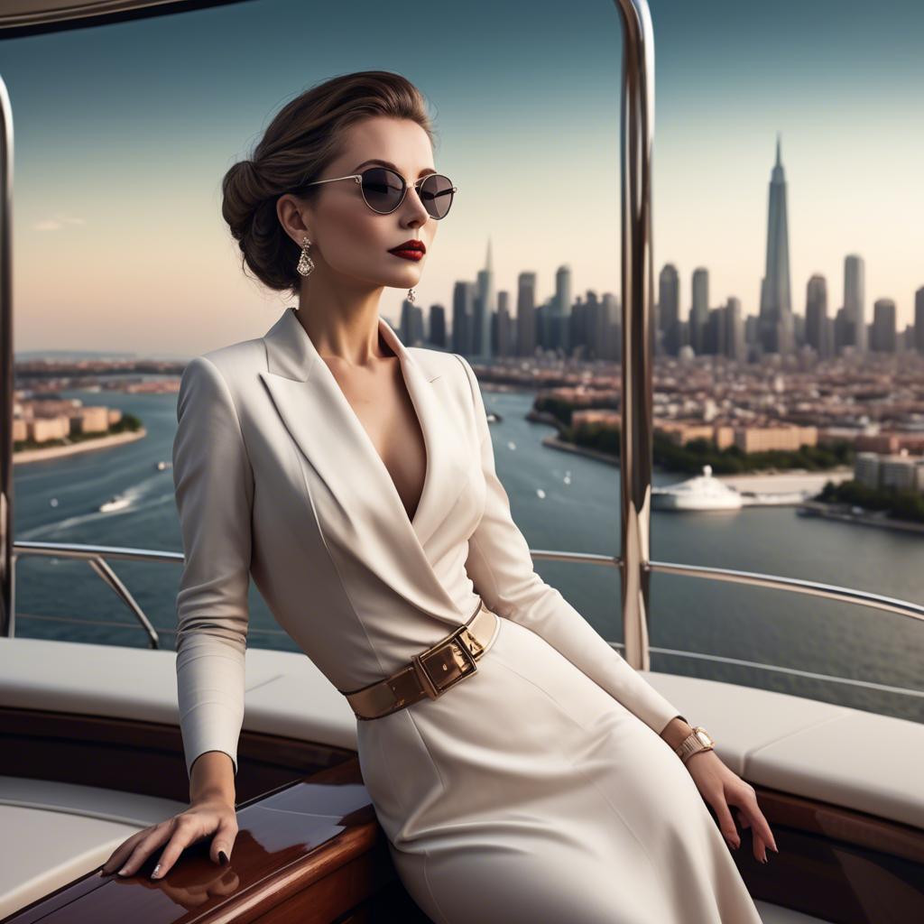 A stunning image of elegant lady on a yacht overlooking a city skyline.