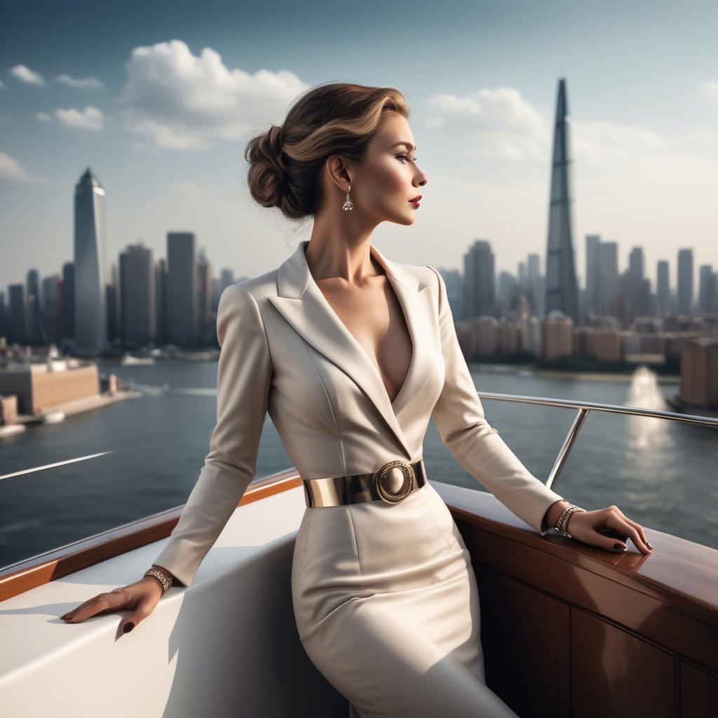 A stunning image of elegant lady on a yacht overlooking a city skyline.
