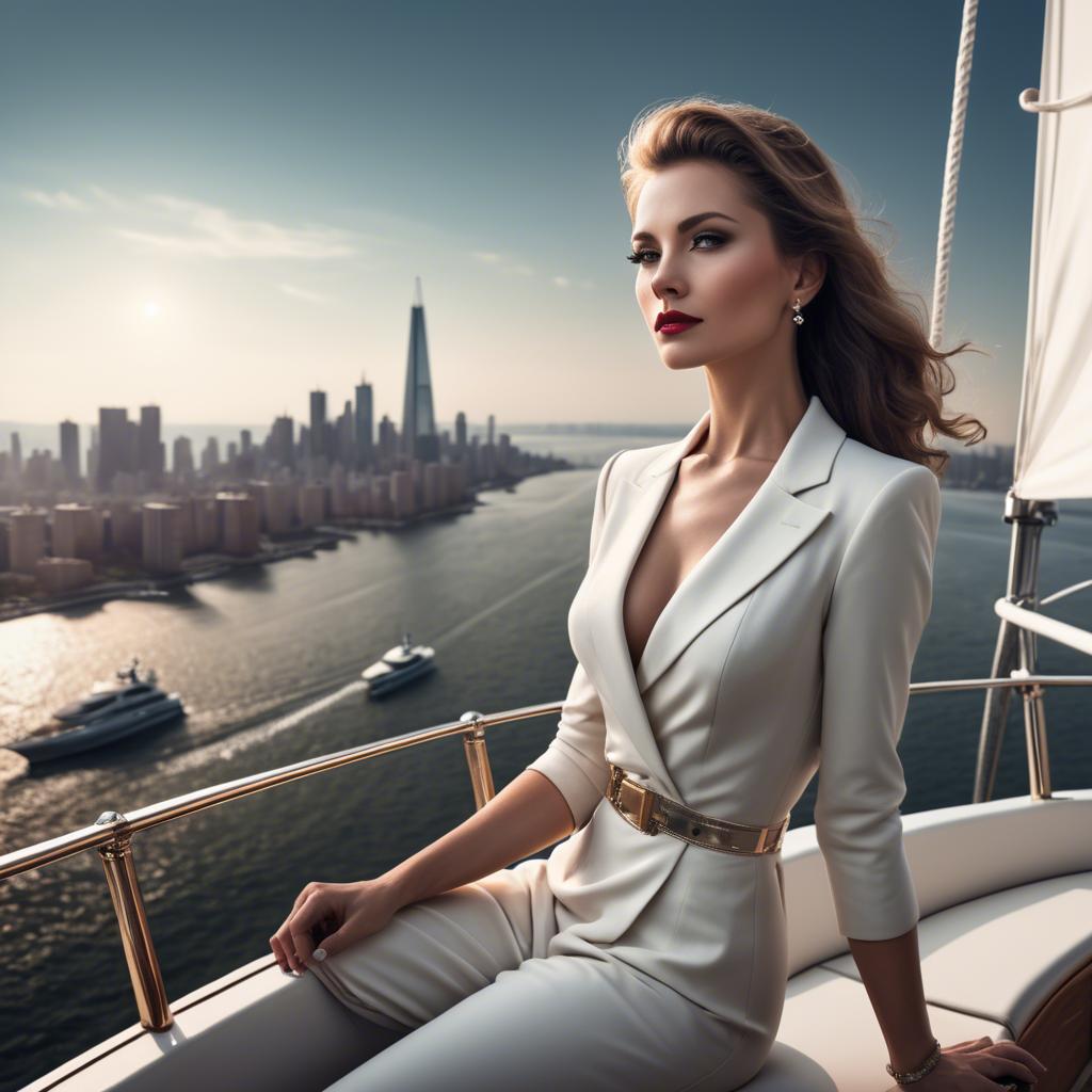 A stunning image of elegant lady on a yacht overlooking a city skyline.