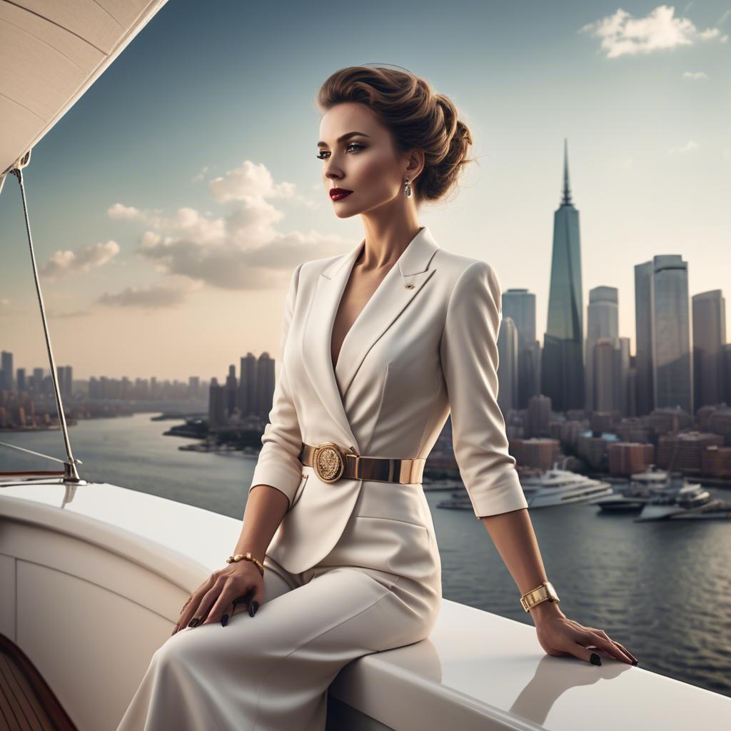A stunning image of elegant lady on a yacht overlooking a city skyline.