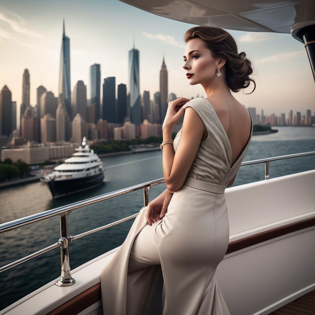 A stunning image of elegant lady on a yacht overlooking a city skyline.