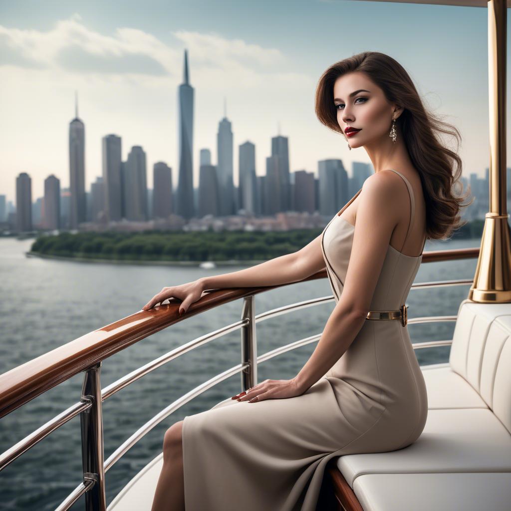 A stunning image of elegant lady on a yacht overlooking a city skyline.