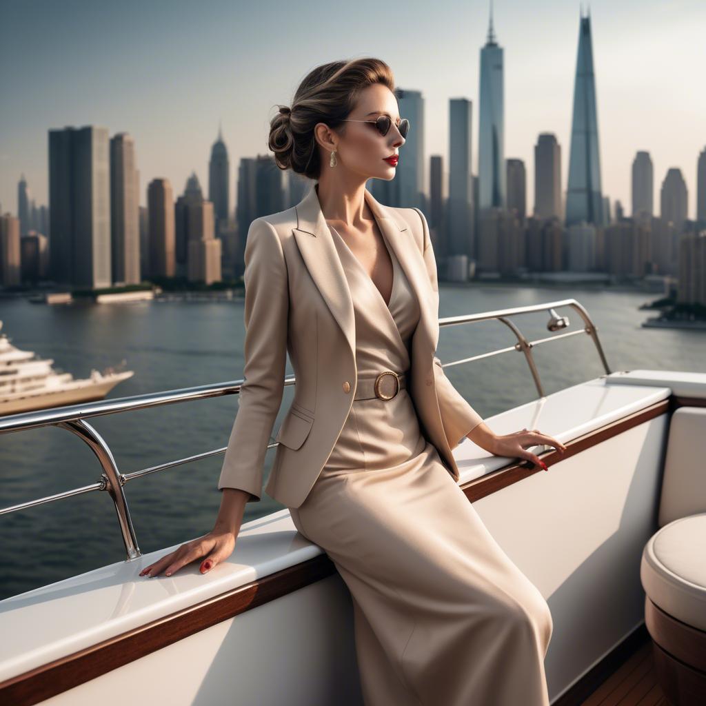 A stunning image of elegant lady on a yacht overlooking a city skyline.