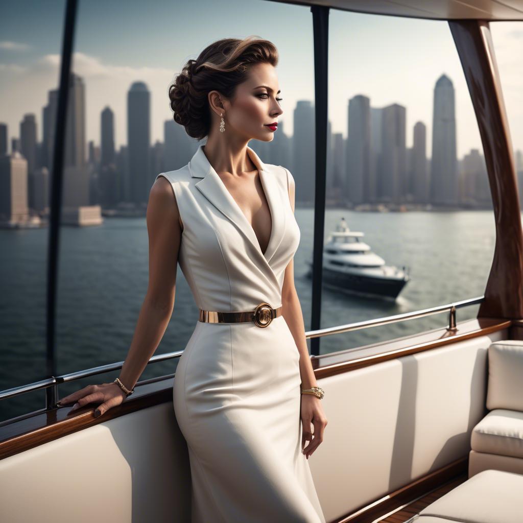 A stunning image of elegant lady on a yacht overlooking a city skyline.