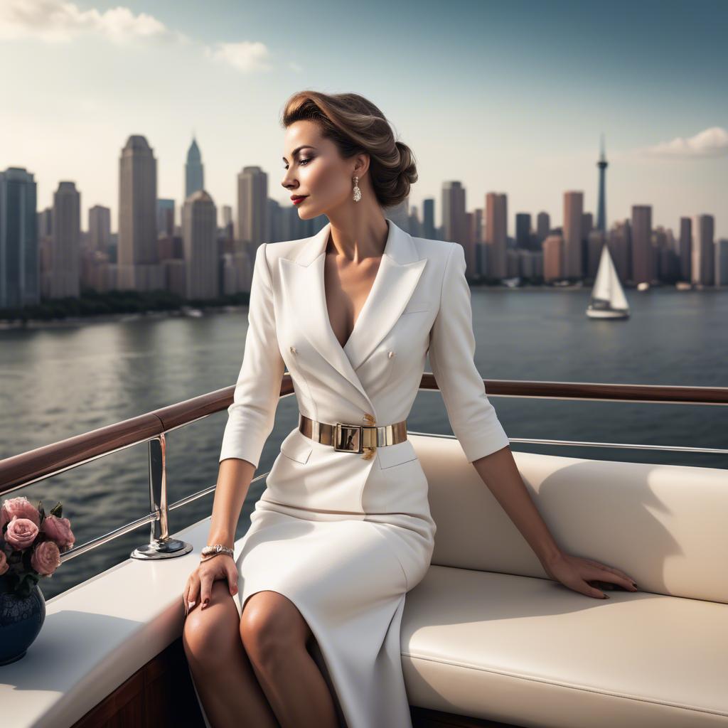 A stunning image of elegant lady on a yacht overlooking a city skyline.