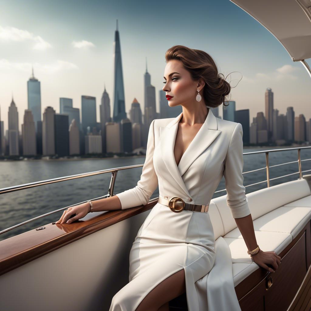A stunning image of elegant lady on a yacht overlooking a city skyline.
