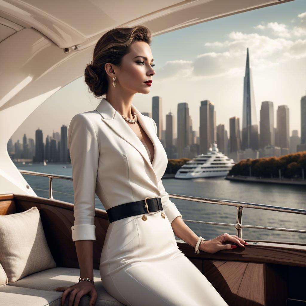 A stunning image of elegant lady on a yacht overlooking a city skyline.