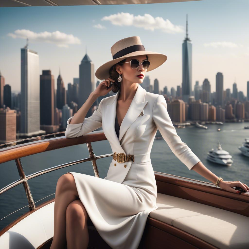 A stunning image of elegant lady on a yacht overlooking a city skyline.