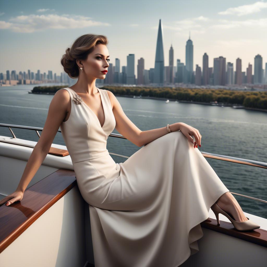 A stunning image of elegant lady on a yacht overlooking a city skyline.