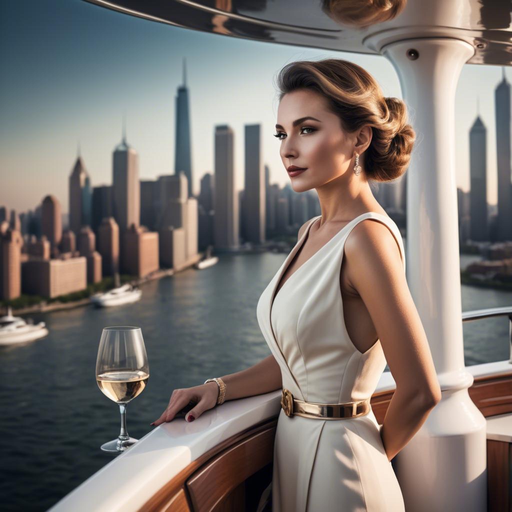 A stunning image of elegant lady on a yacht overlooking a city skyline.