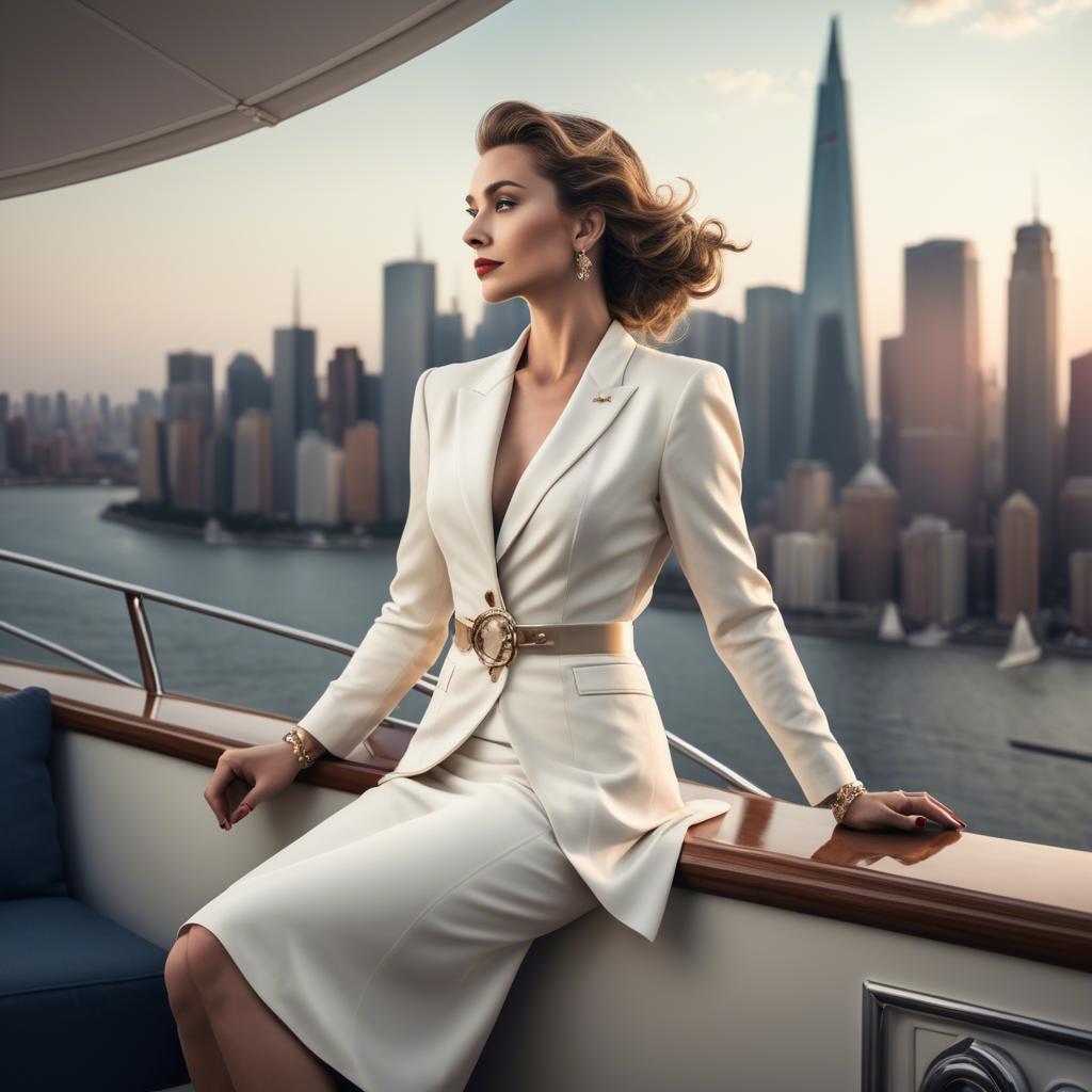 A stunning image of elegant lady on a yacht overlooking a city skyline.