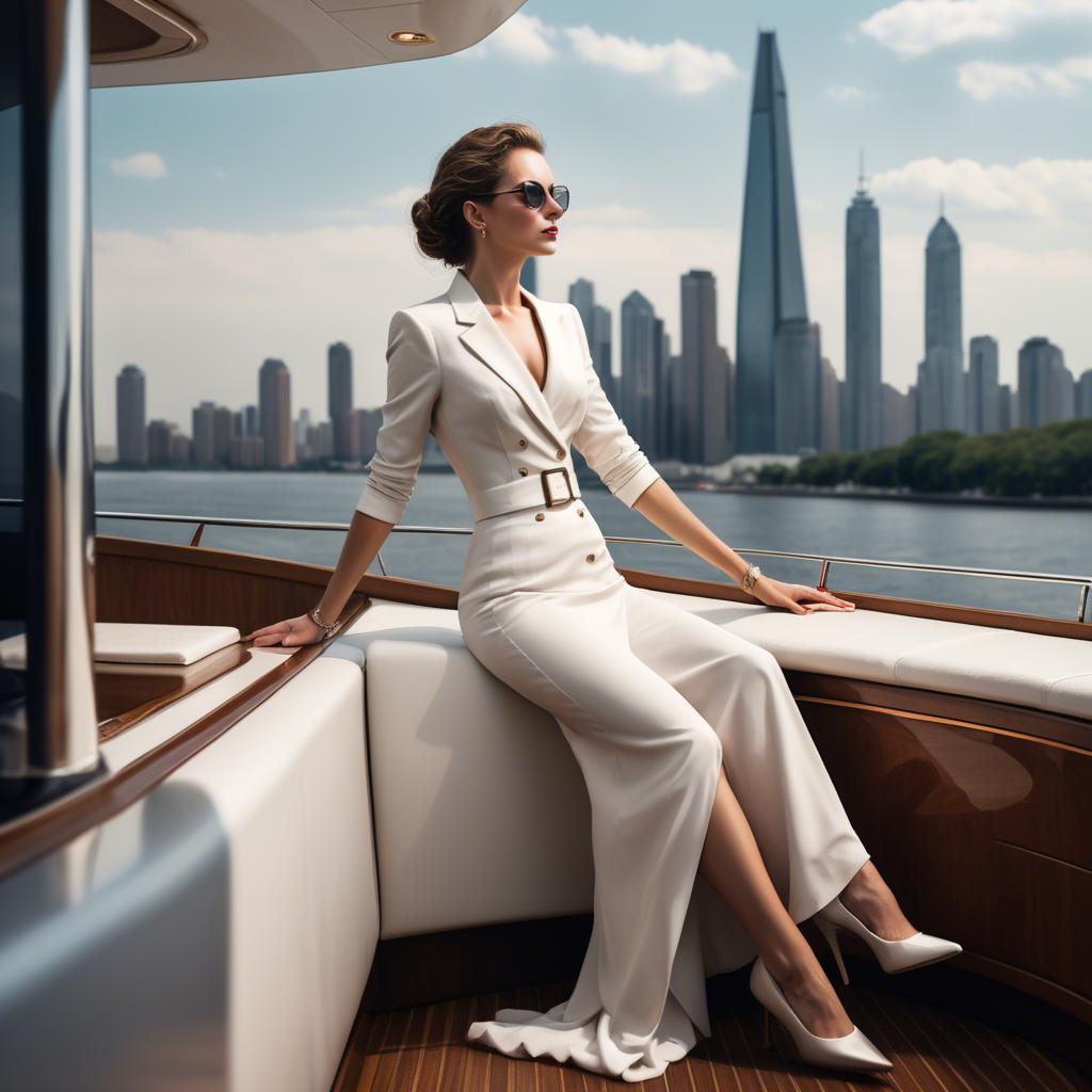 A stunning image of elegant lady on a yacht overlooking a city skyline.