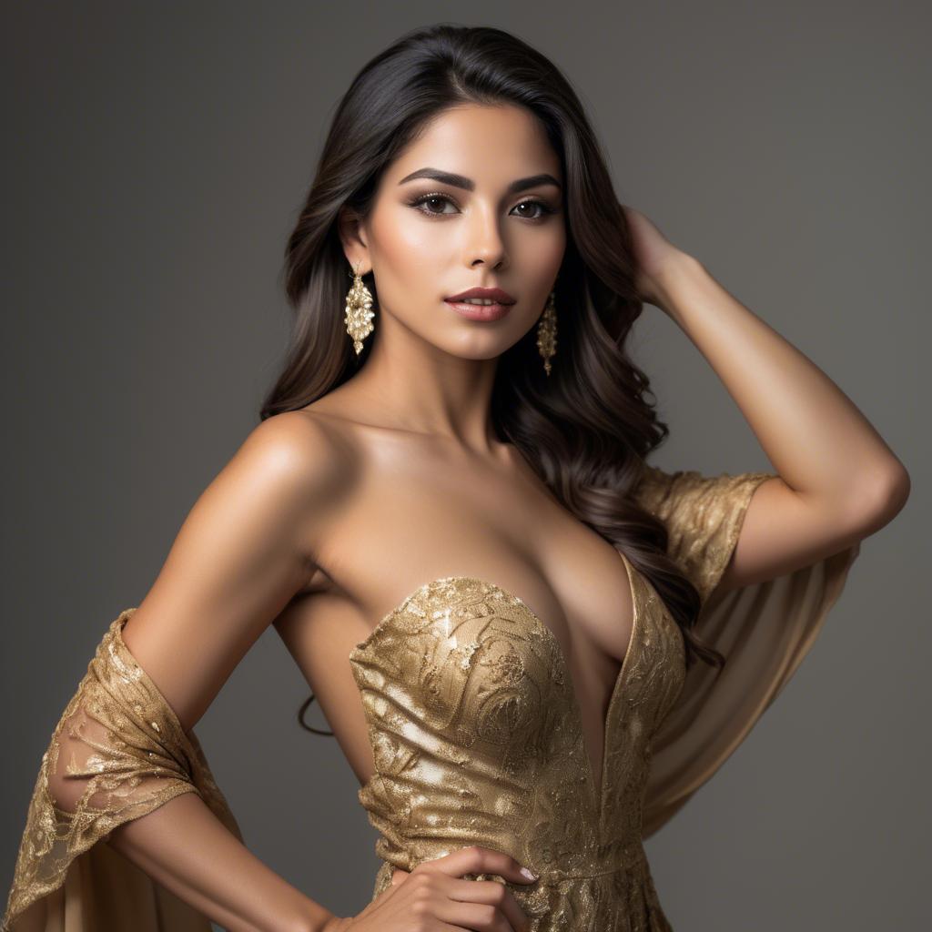 A stunning image of elegant latina model in a golden gown.
