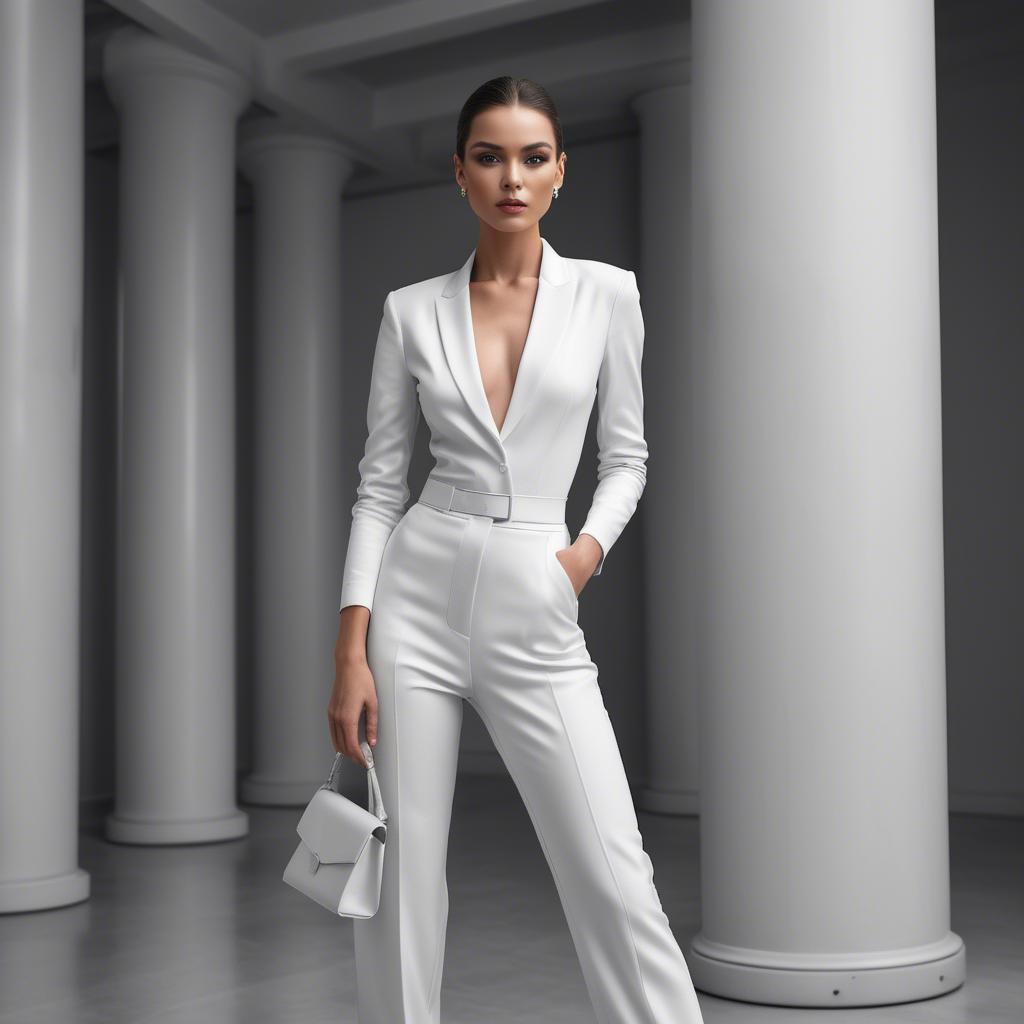 A stunning image of elegant model in a sleek white outfit.