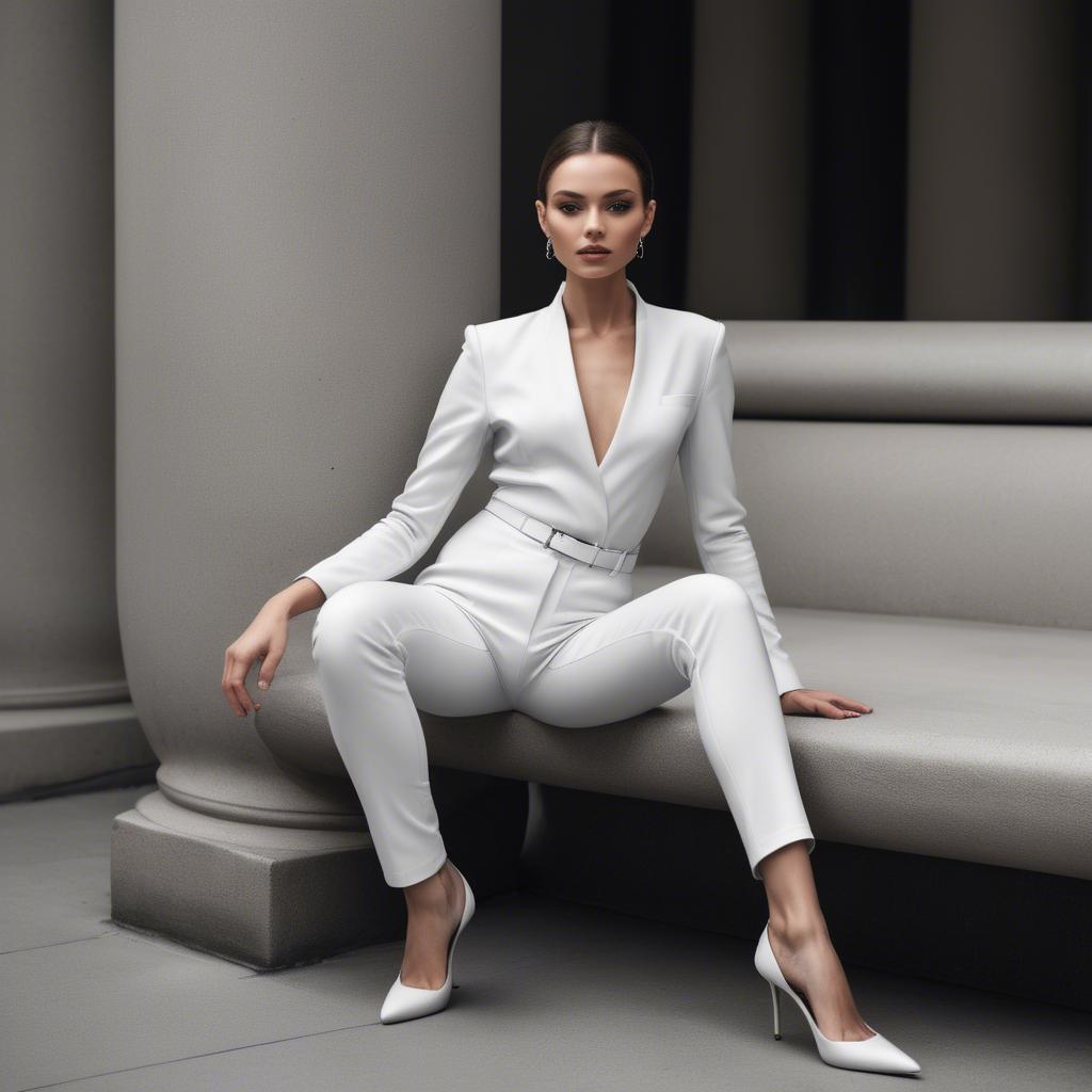 A stunning image of elegant model in a sleek white outfit.