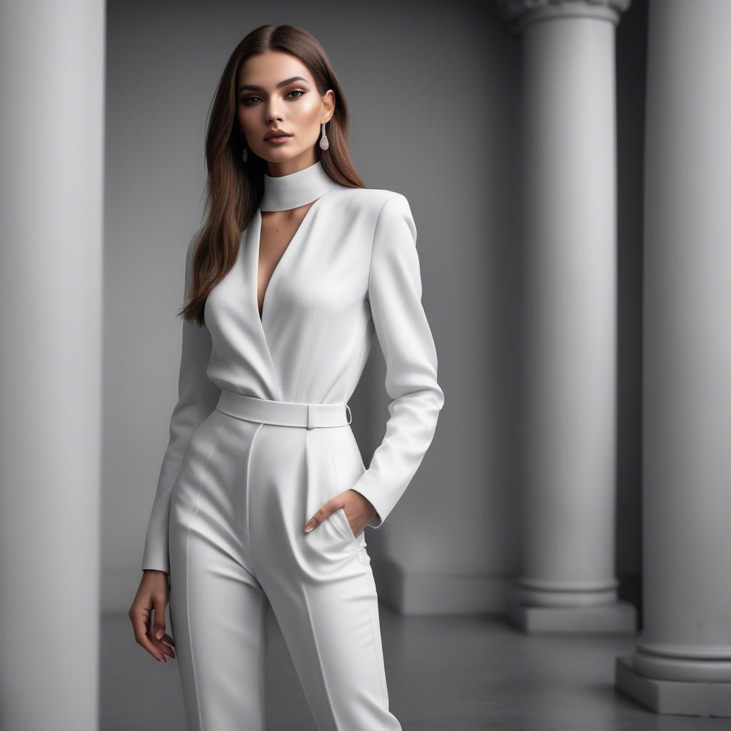 A stunning image of elegant model in a sleek white outfit.