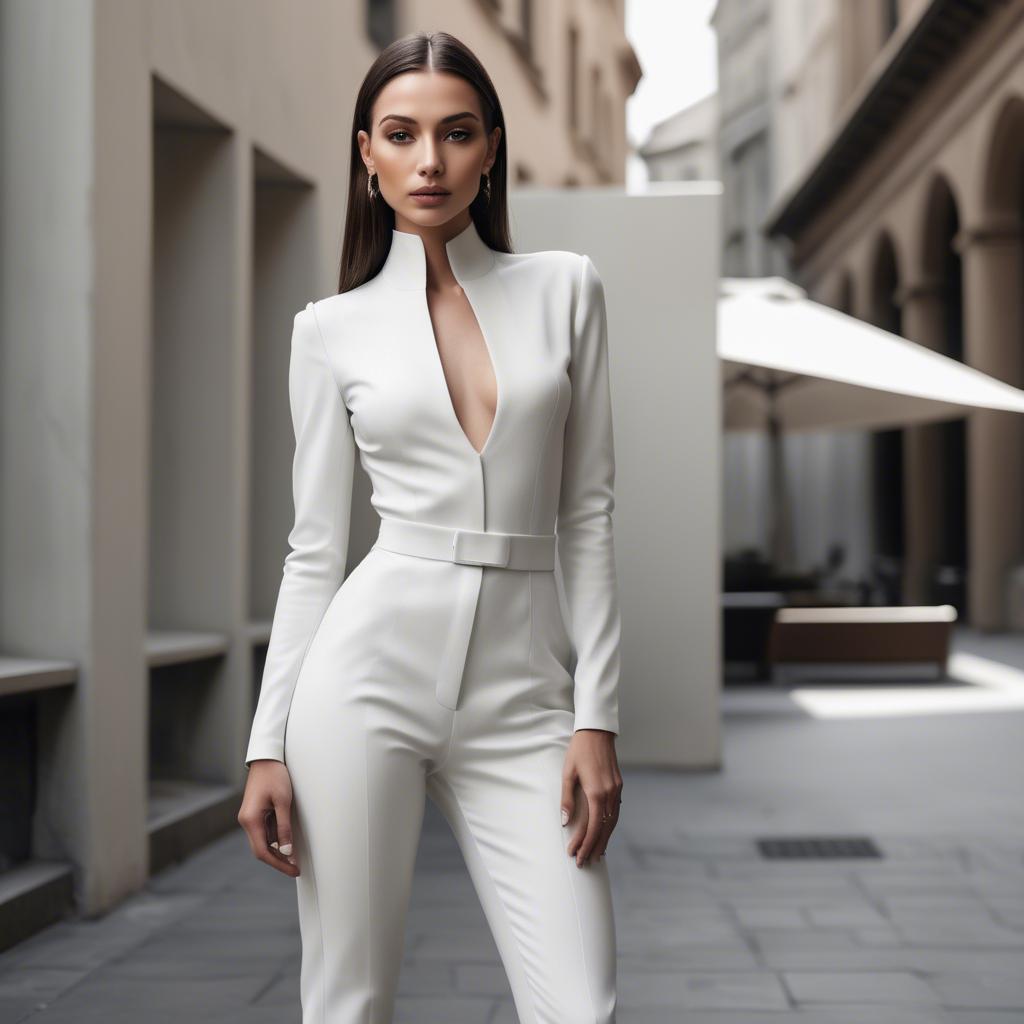 A stunning image of elegant model in a sleek white outfit.