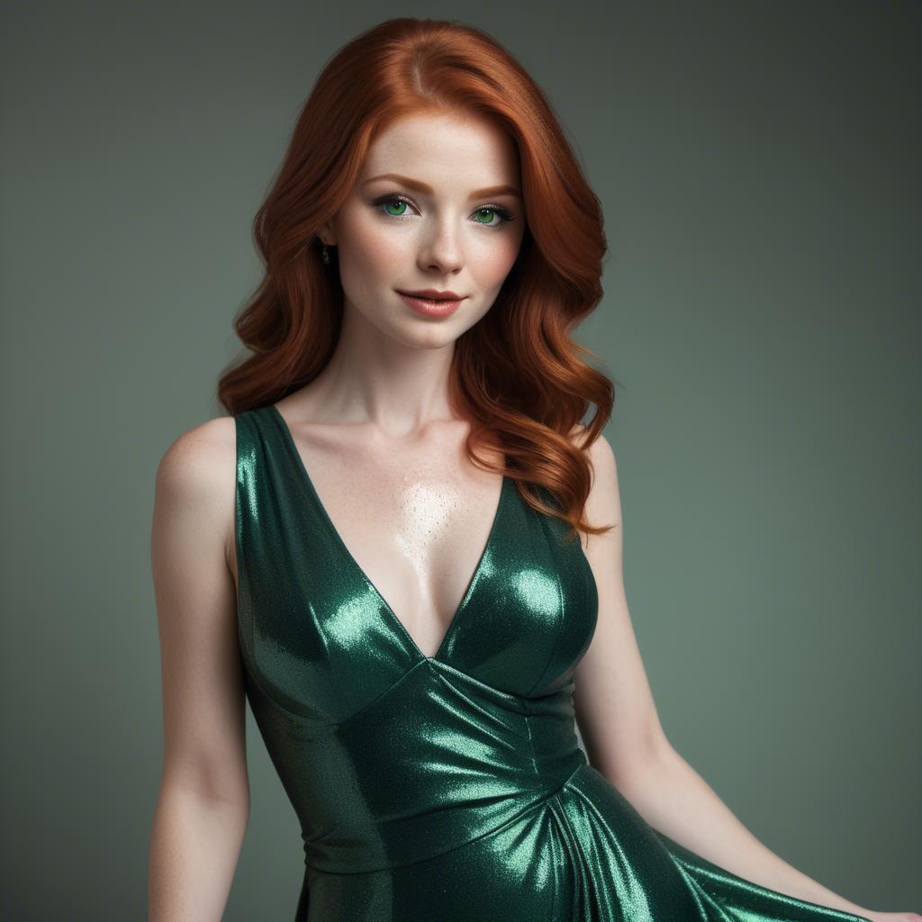 A stunning image of elegant redhead in a shimmering green dress.