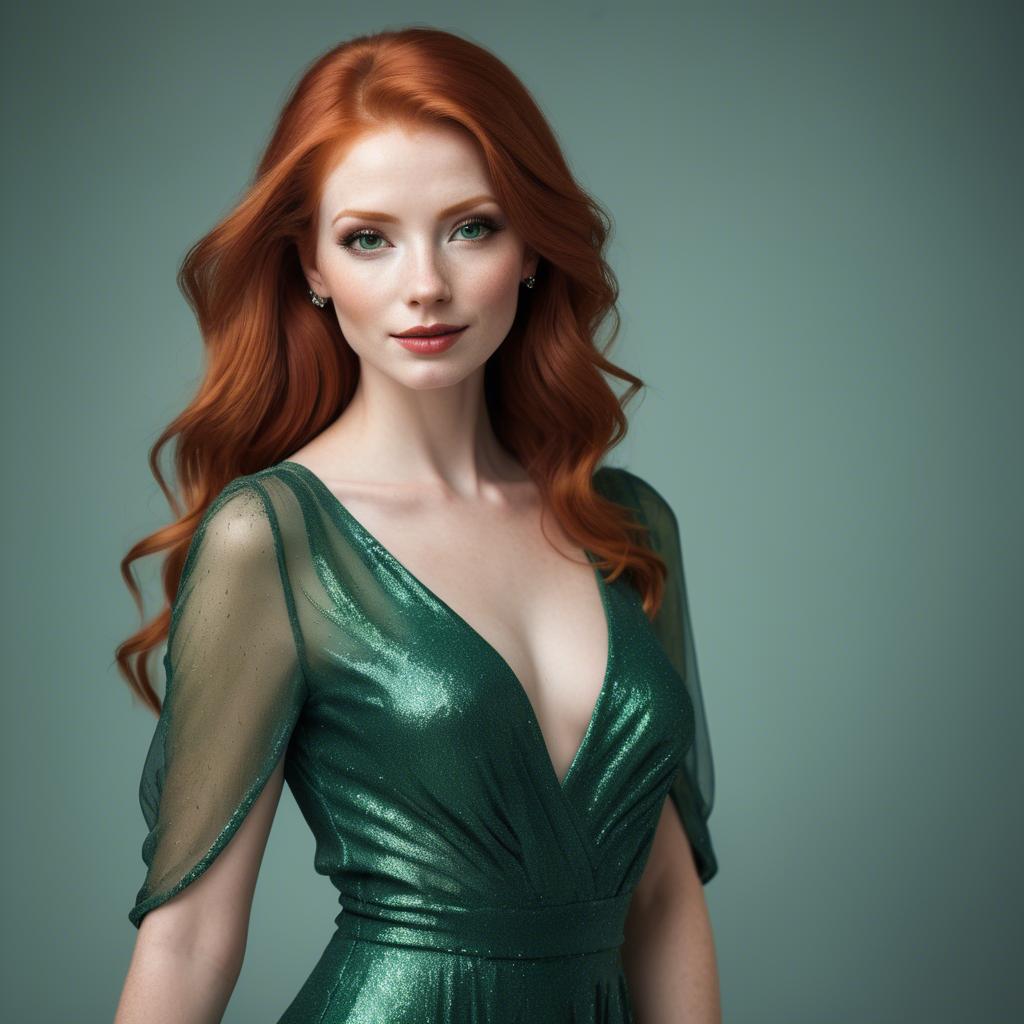 A stunning image of elegant redhead in a shimmering green dress.