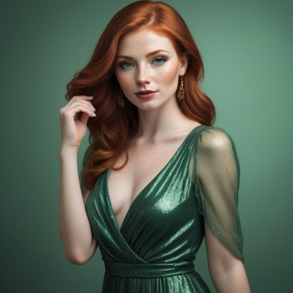 A stunning image of elegant redhead in a shimmering green dress.