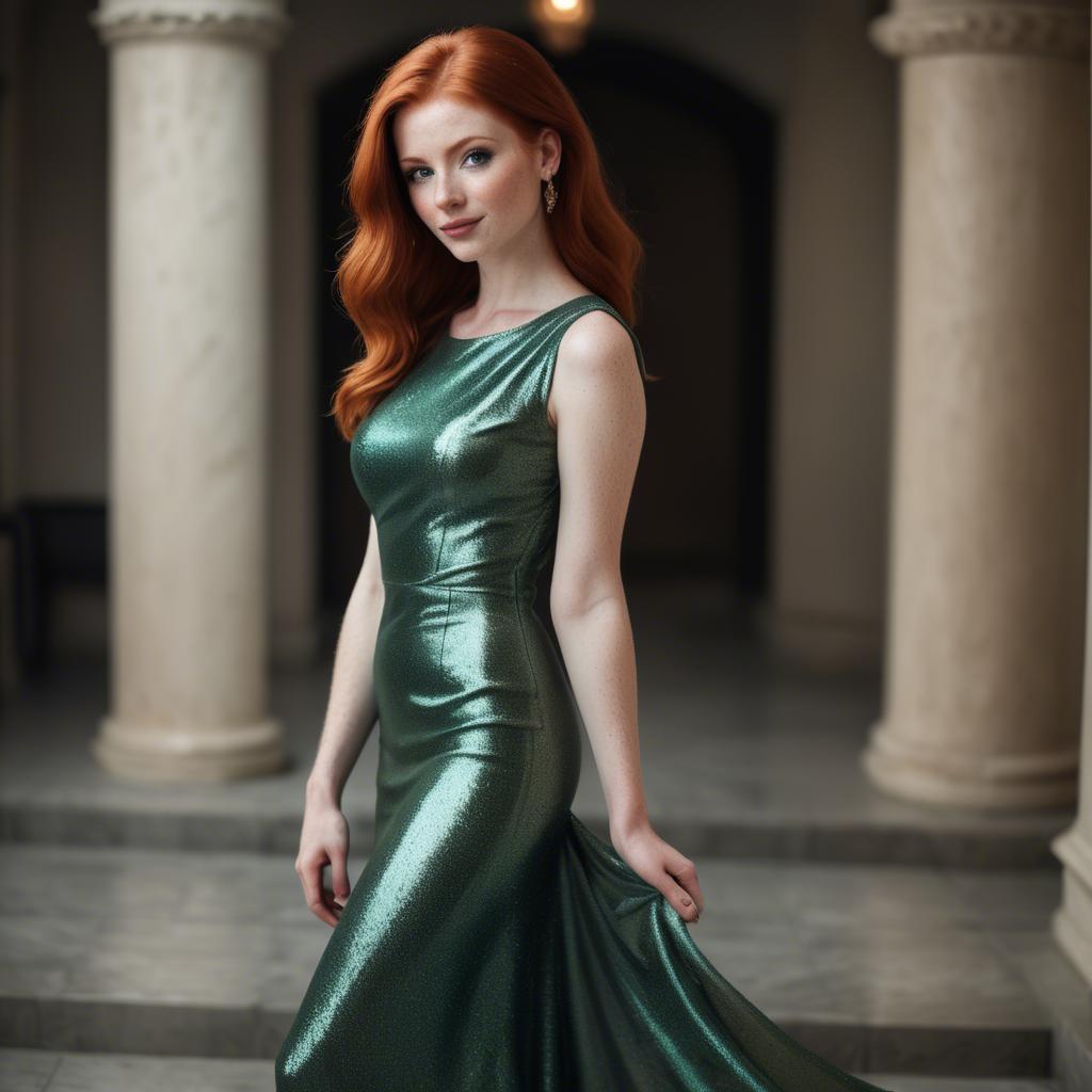 A stunning image of elegant redhead in a shimmering green dress.
